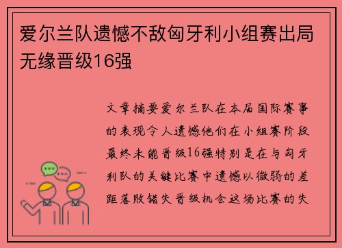 爱尔兰队遗憾不敌匈牙利小组赛出局无缘晋级16强