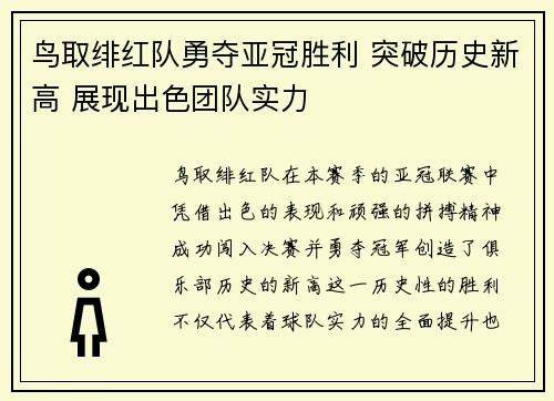 鸟取绯红队勇夺亚冠胜利 突破历史新高 展现出色团队实力