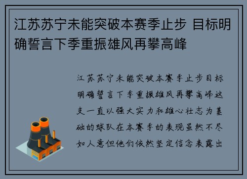 江苏苏宁未能突破本赛季止步 目标明确誓言下季重振雄风再攀高峰
